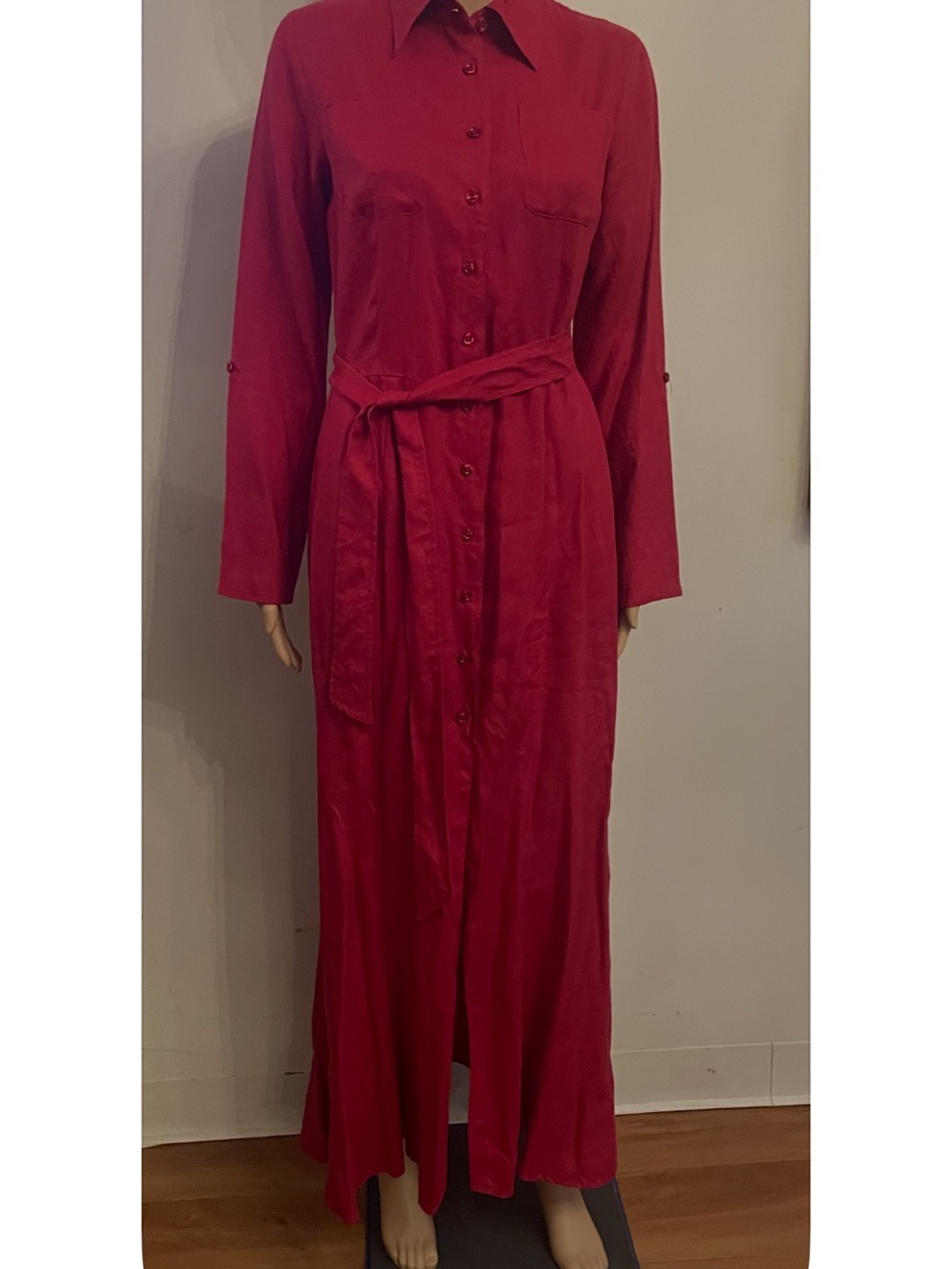 Spiegel Long-Sleeve Button-Front Dress in Deep Red with Waist Tie
